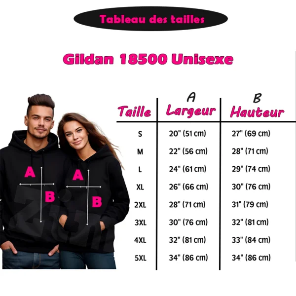 Tableau des tailles Gildan 18500